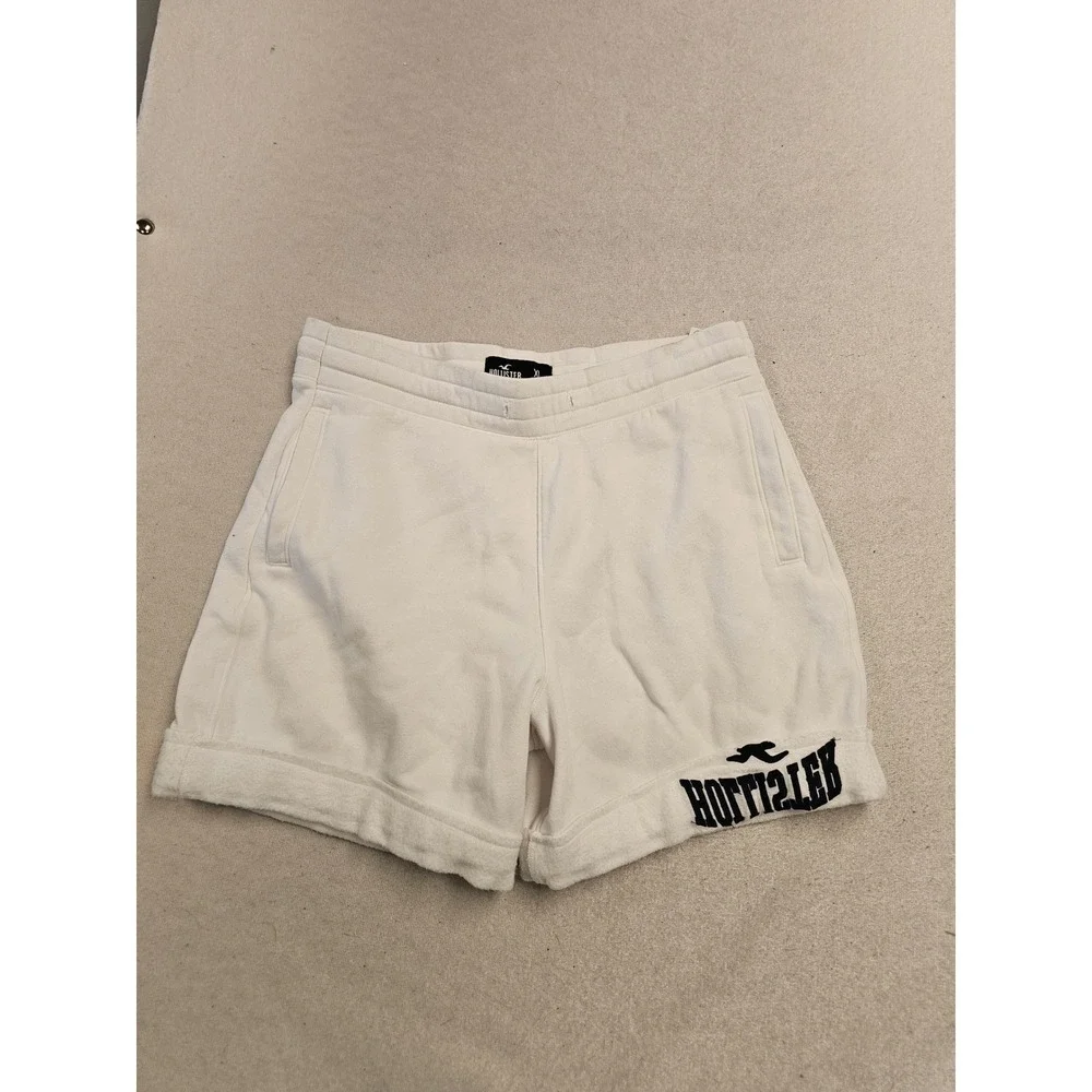 Hollister California Mens XL White Fleece Sweat Shorts Graphic Logo Cream Lounge
